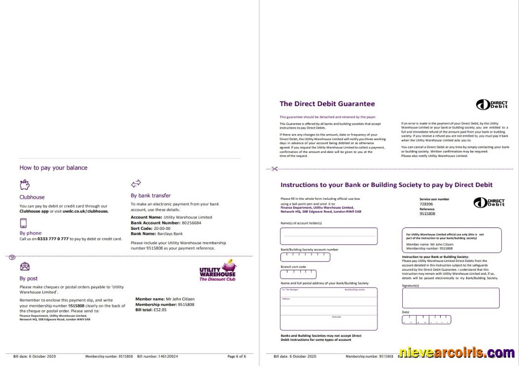 United Kingdom Utility Warehouse electricity utility bill 6 pages 5 6